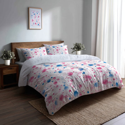 Ensemble de literie moderne de 3 pièces - Ensemble de housse de couette et coussin décoratif rose et bleu
