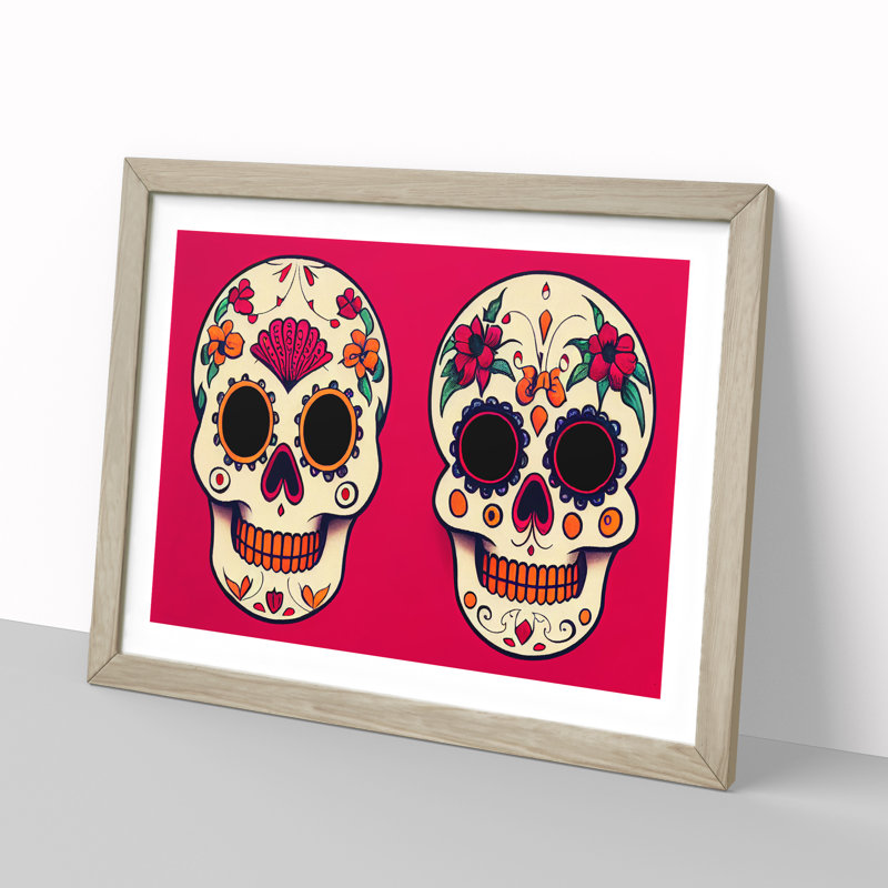Floral Sugar Skulls 1 Piece Single Picture Frame Wall Art, 34cm H x 46cm W x 2cm D, Oak