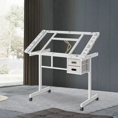Adjustable Art Drawing Desk Craft Station Drafting with 2 fabric Drawers and 4 Wheels