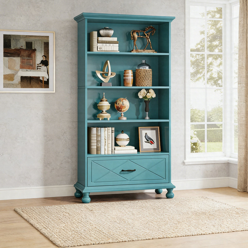 71" Farmhouse Bookshelf With Drawer, 5-Shelf Freestanding Bookcase With Solid Wood Legs, Ocean Blue
