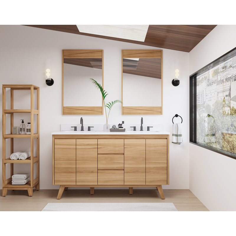 Coventry 61" Natural Teak Double Sink Vanity with Cala White Top