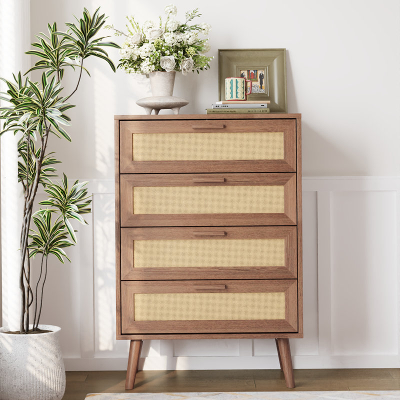 4-Drawer Dresser with Solid Wood Legs, Light Walnut