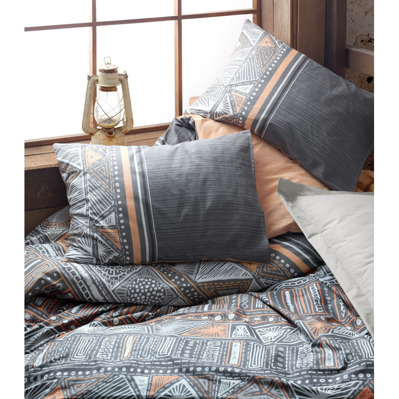 Ensemble de housse de couette 100% coton Secaucus gris / orange / blanc, Housse de couette simple + 1 taie d'oreiller 24 po