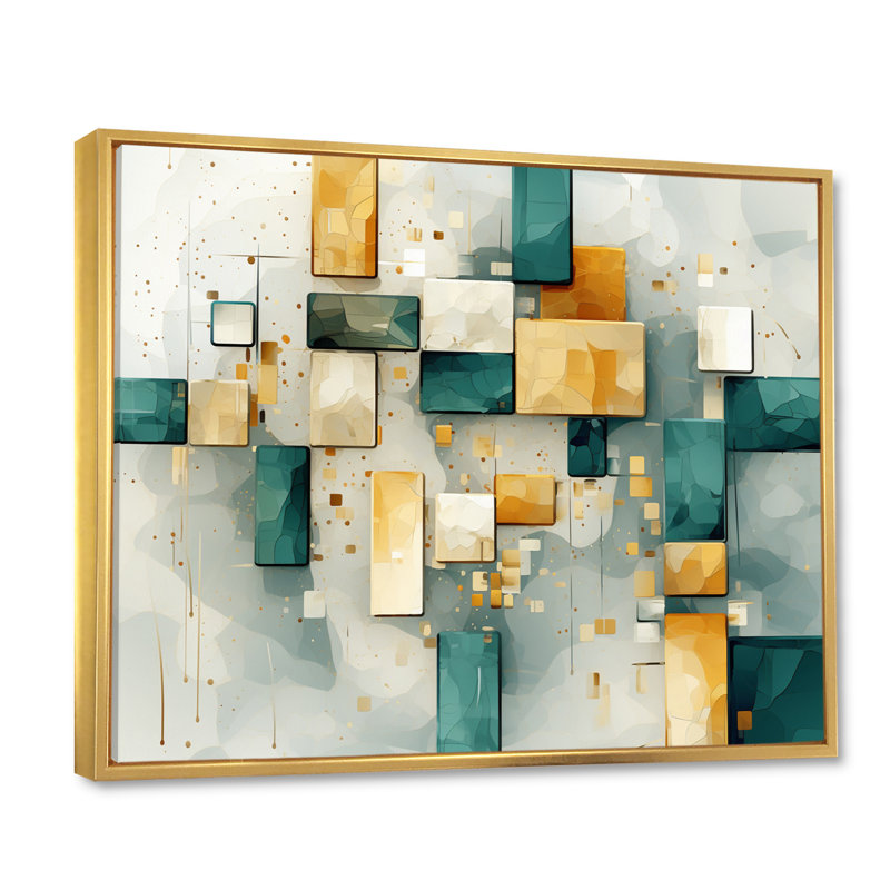 Motif géométrique rétro bleu sarcelle - impression, H 30 po x l 40 po x P 1,5 po, Cadre flottant doré