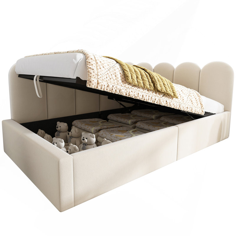 Twin Size Velvet Daybed with Hydraulic Storage, Upholstered Single Sofa Bed Frame with Metal Slat Support, No Mattress, Beige