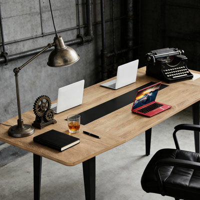 6 Ft Modern Natural Style Boat Shaped Meeting Table, For Team Brainstorming, With Stain - Finish, Black Color, 29.89 In Height Office Ft, Contemporary Private Offices, Featuring Open Channels Cables,