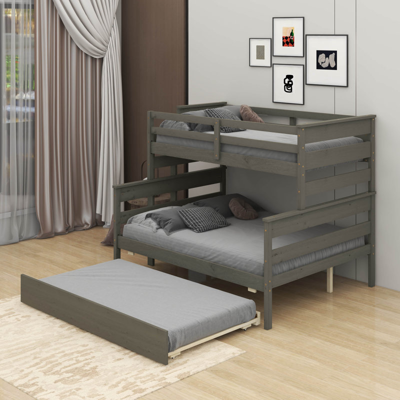 Wood Twin Over Full Bunk Bed With Trundle, Gray