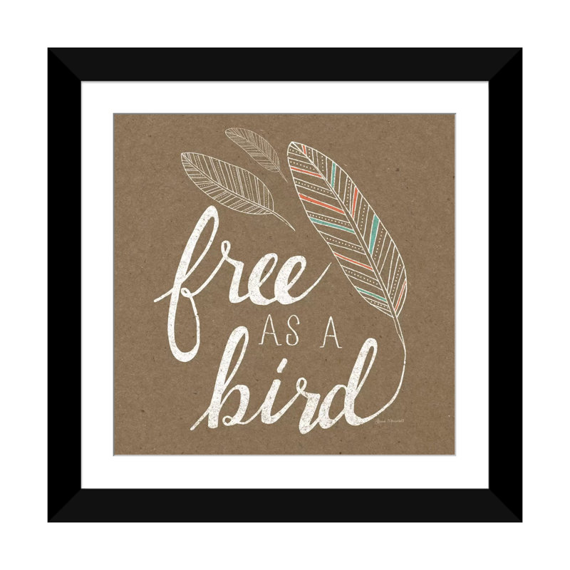 « free as a oiseau », art textuel sur toile tendue, L 16 po x H 16 po x P 1 po, Papier avec cadre noir, Blanc
