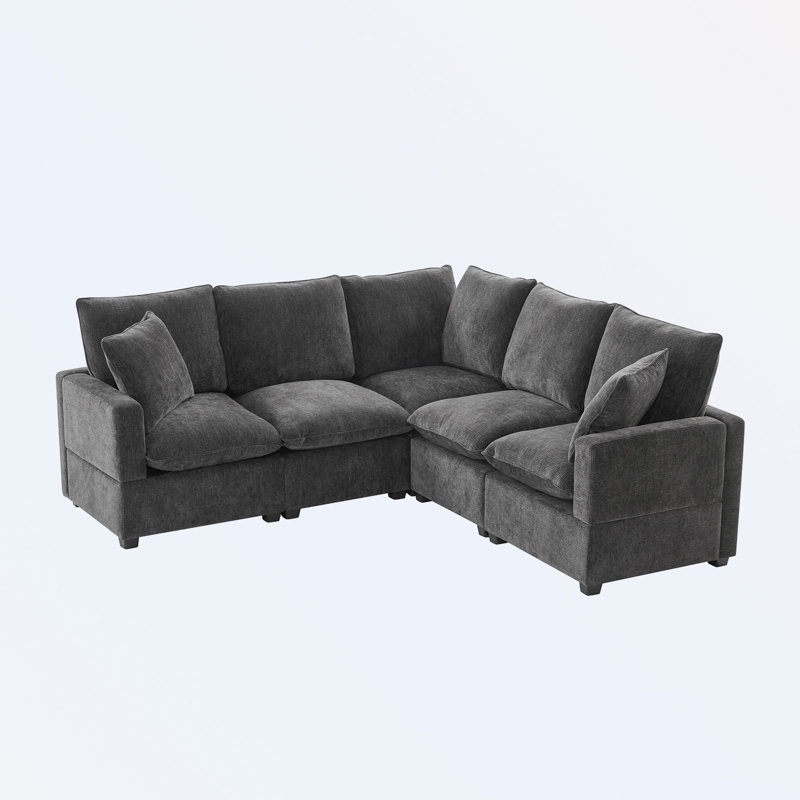 Modern L Shape Modular Sectional Sofa 5 Seat Chenille Couch with 2 Pillows Combinable for Room, Black Chenille