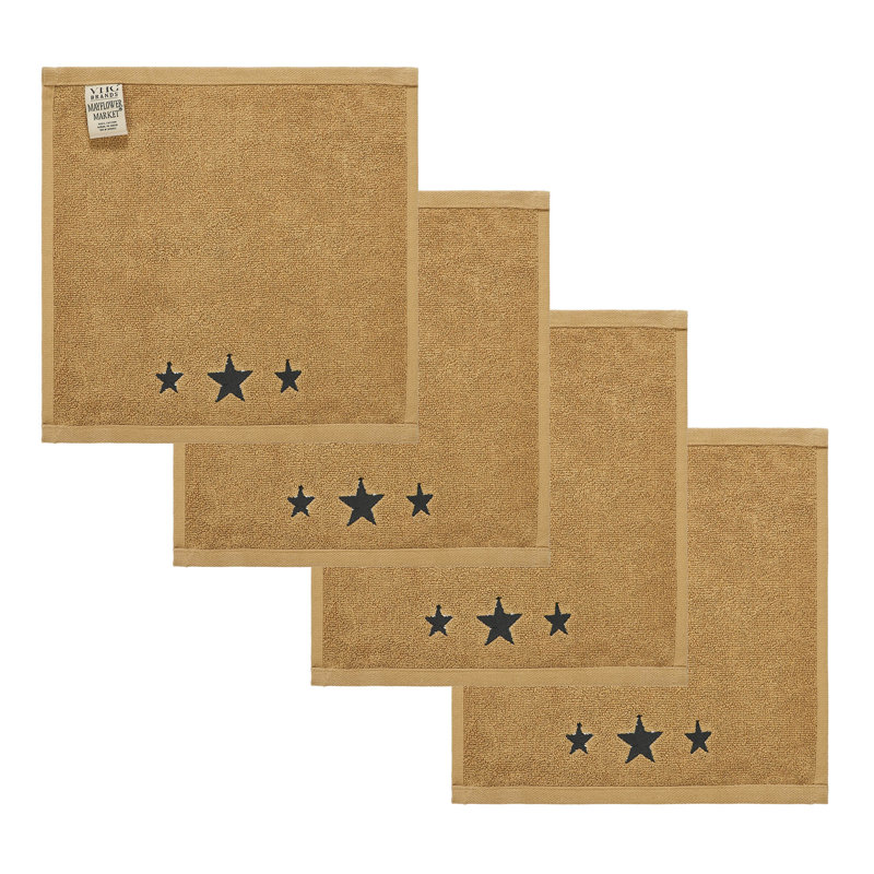 Timeless Linens Burgundy Stars Tan Washcloth Set of 4 12x12, Black/Tan