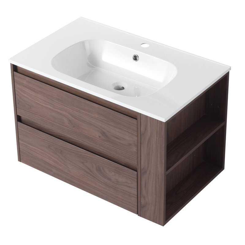 Meuble-lavabo mural avec lavabo en gel, Chêne brun