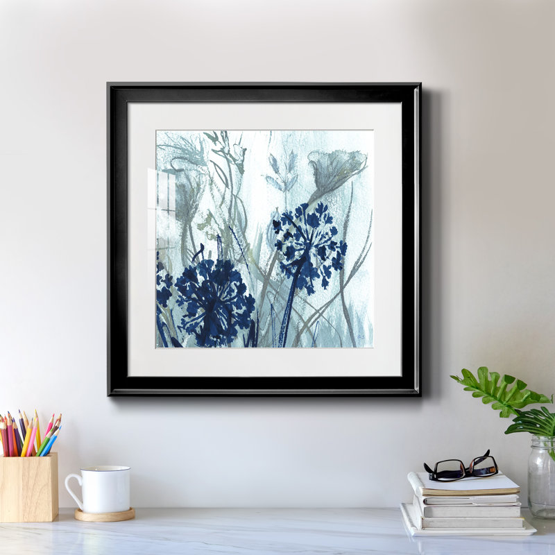 Indigo Field II - Tableau en verre avec passe-partout, grand format, idéal pour le salon, H 17,5 po x l 17,5 po x P 1,5 po