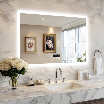 Bright Led Bathroom Mirror With 3x Magnifying For Makeup, Rectangular Lighted Vanity Mirror With Powerful Bluetooth Speaker, Smart Time/date Display, Dimmable, Anti-fog, 3-color Lights, Ip65