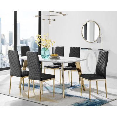 Anders Modern High Gloss Marble Effect Dining Table Set with 6 Quilted Faux Leather Dining Chairs
