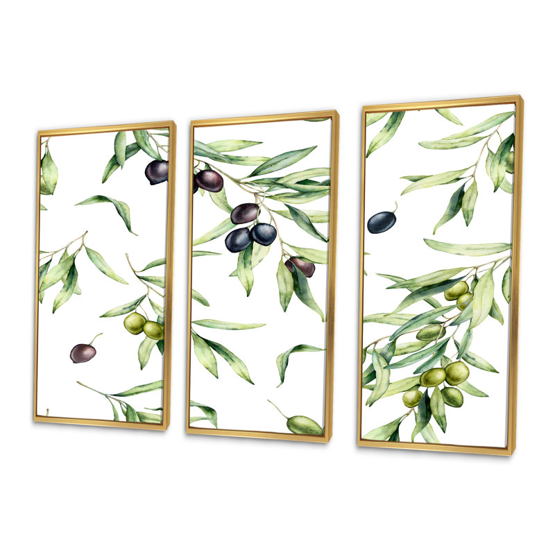 «Green and Black Olives With Olive Branches & Leaves», peinture sur toile 3 pièces, H 32 po x l 48 po, Doré
