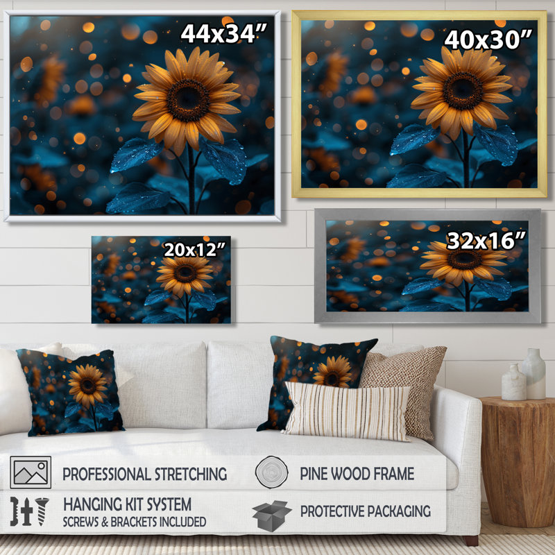 Décoration murale tournesol jaune bleu Nocture Nirvana, Toile avec cadre flottant or, H 12 po x l 20 po x P 1 po