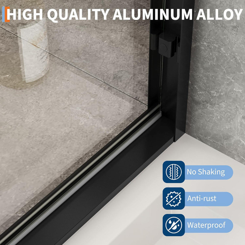 72" x 48-60" Semi-Frameless Shower Door, 6mm Tempered Glass with Stainless Steel Handles, Black