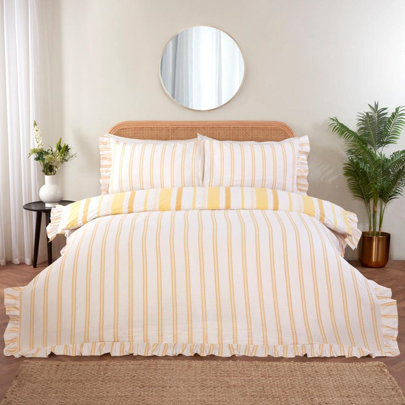 Cotton Blend Striped Duvet Cover Set, King, Yellow