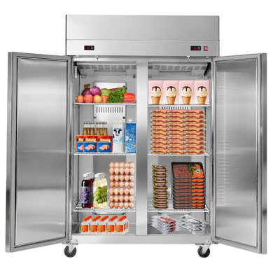 Commercial Refrigerator and Freezer Combo, 31.89 in Width Reach In Upright-Freezer Double Door, 31.1 Cu.ft Auto-Defrost Stainless Steel Freezer with 8 Adjustable Shelves, LED Light, 4 Wheels