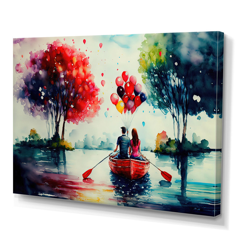Couple romantique sur l'eau I - peinture sur toile, H 24 po x l 32 po x P 1 po, Toile tendue