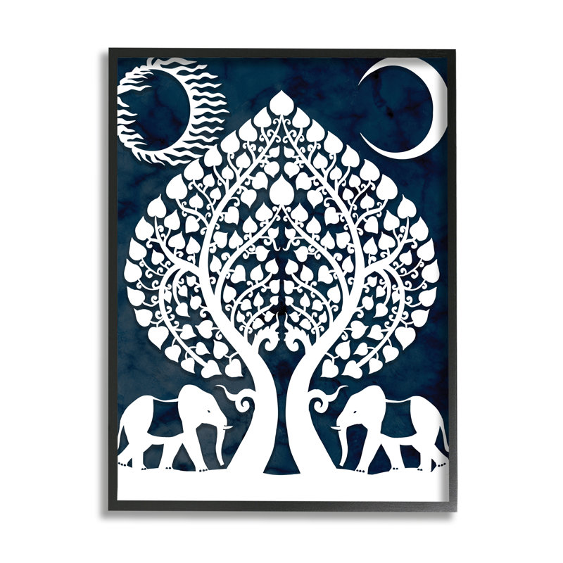 Éléphants symétriques marchant sous les arbres, soleil et lune par Daphne Polselli - impression, H 30 po x l 24 po