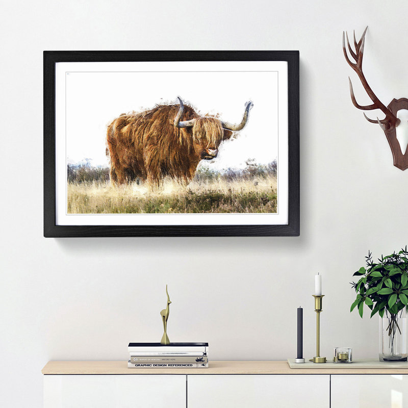 Majestic Highland Cow in Abstract - Picture Frame Painting Print, 27cm H x 36cm W x 2cm D, Black Framed
