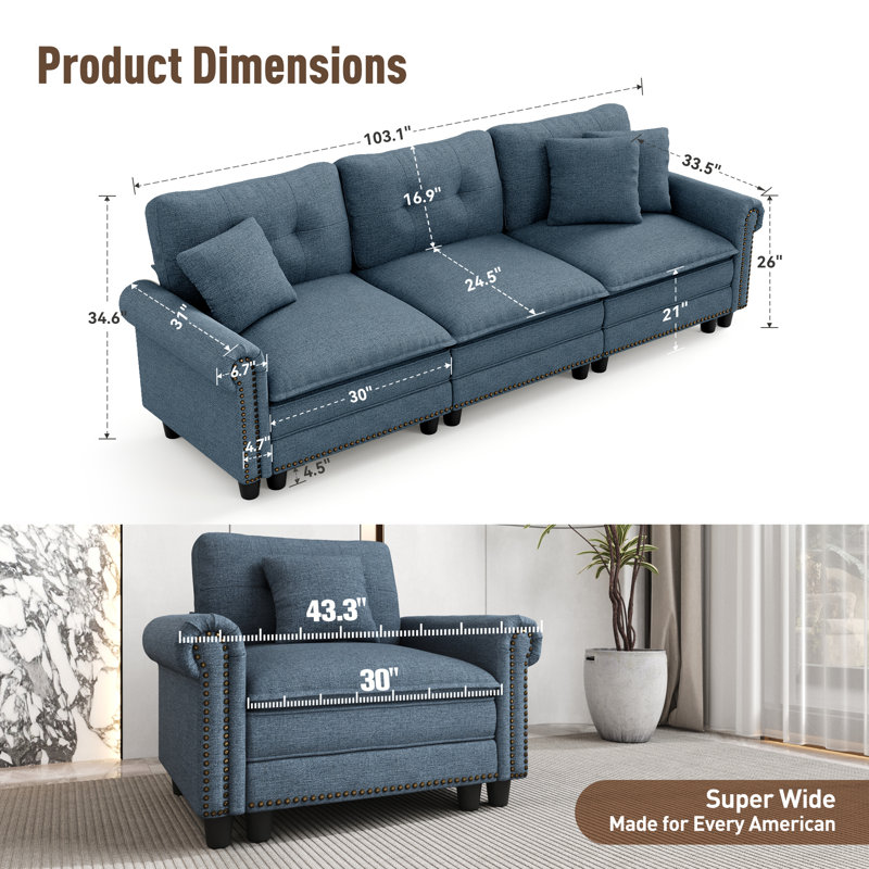 124" Modular Sectional Sofa With Nailhead Trim, Comfy Cloud Couch For Living Room, 3-seater Deep Seat Sofa With Throw Pillow