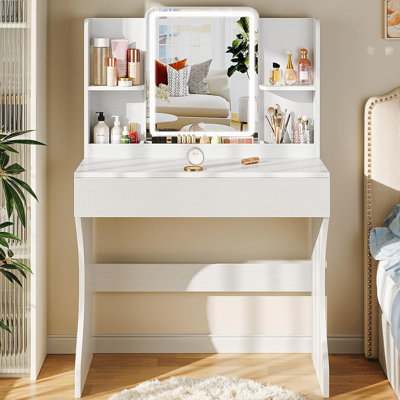 Petit bureau de meuble-lavabo avec miroir et lumières, coiffeuse de maquillage avec tiroir de rangement, 2 tablettes et 3 compartiments - blanc