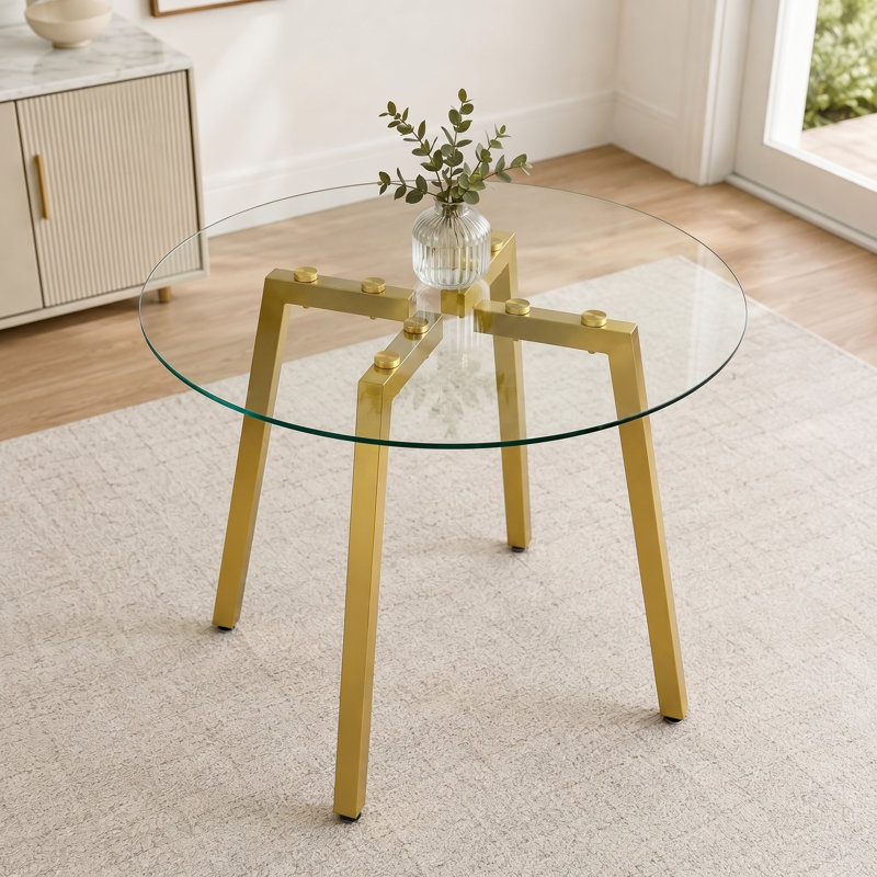 Minimalist Modern Clear Tempered Glass Round Dining Table for Small Area, Gold, 29.5" H x 36" W x 36" D