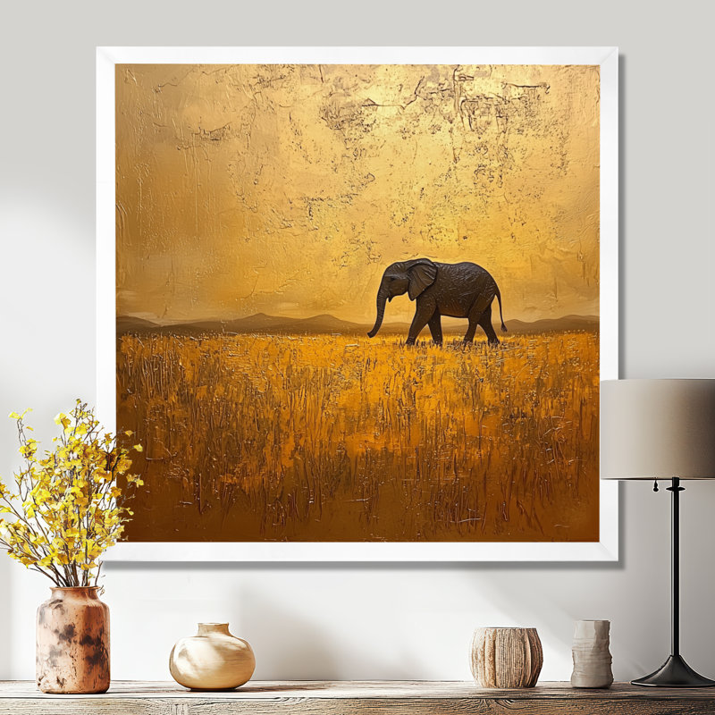 Éléphant doré dans le désert ouvert d'Afrique I - éléphant, art mural grand, Reproduction encadrée d'une seule photo, Blanc