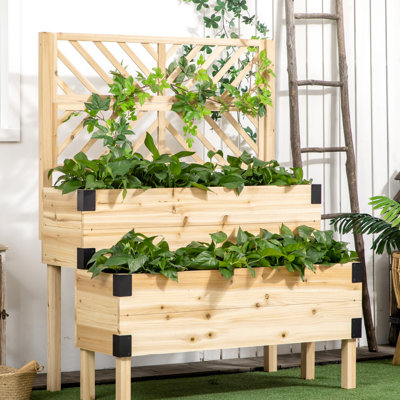 Jardinière surélevée à 2 niveaux en bois, jardin surélevé avec treillis pour légumes et fleurs, 42,5 po x 25,5 po x 55 po, treillis à fleurs naturel, herbes, H 55 po x l 42,5 po, bois