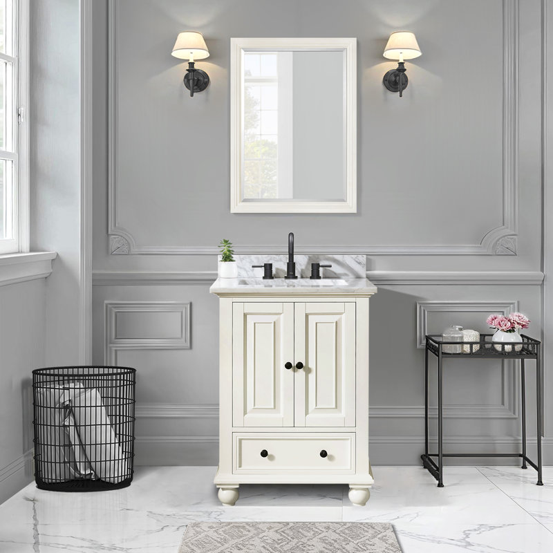 Thompson 25" Single Modern Bathroom Vanity Set, French White, Carrera White