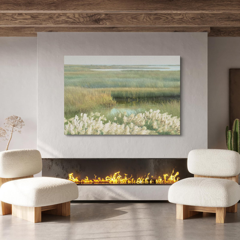 «Rustic Countryside Tranquil Marshland», pastel vert doux, roseaux, paysage, très grande impression sur toile, art mural