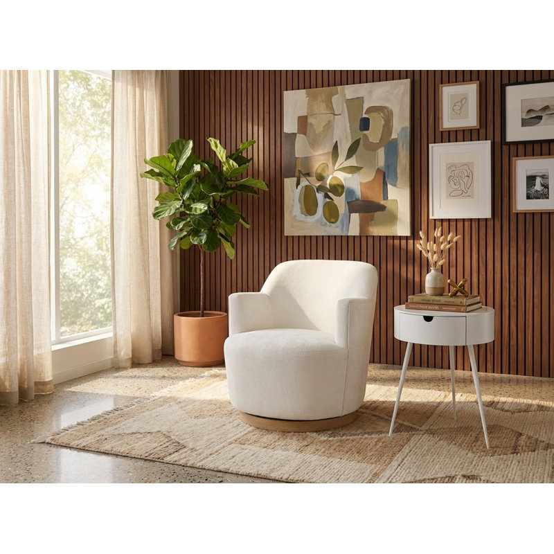 Fauteuil pivotant rembourré Hudnut, Tissu chenille crème