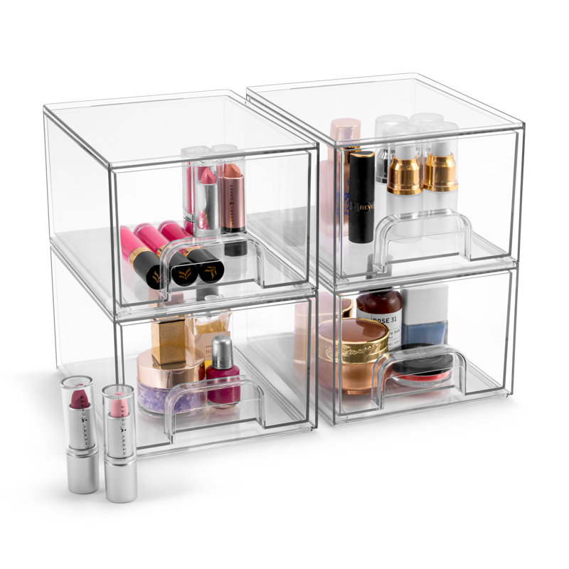 Sorbus Acrylic Storage Containers With Pull-out Drawers - 4 Pack 4.4” Clear Stackable Storage Bins Set For Bathroom Storage And Organization - Makeup Organizer Case
