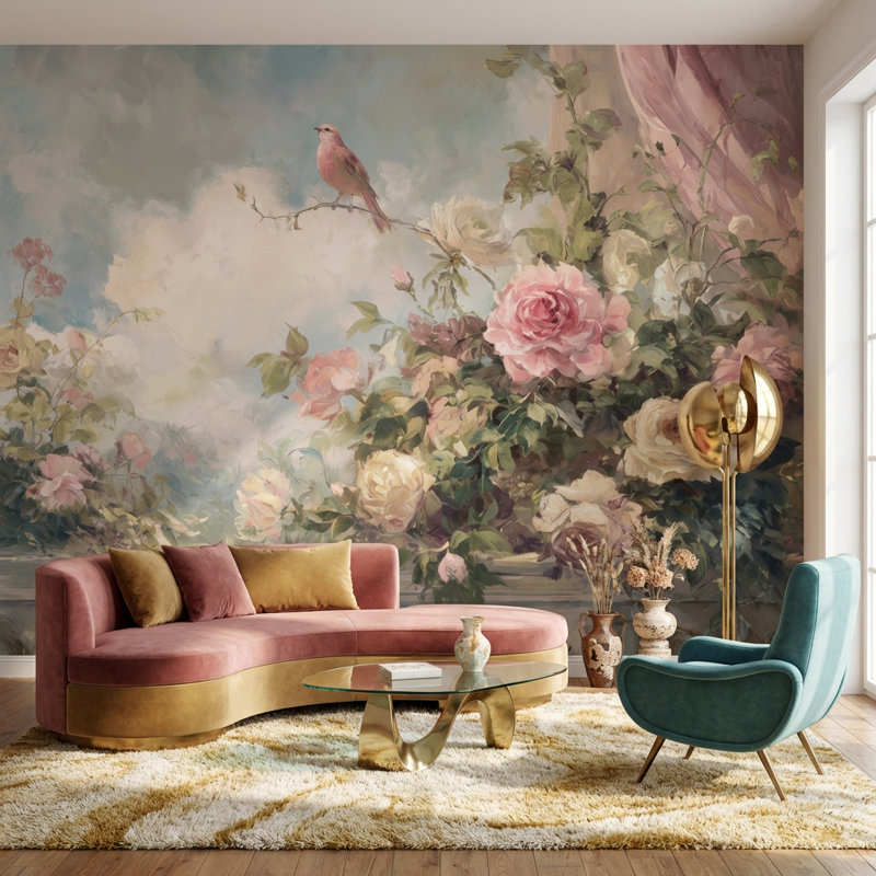 Papier peint floral rétro Cloudy Sky, 120 po x 96 po, Non tissé