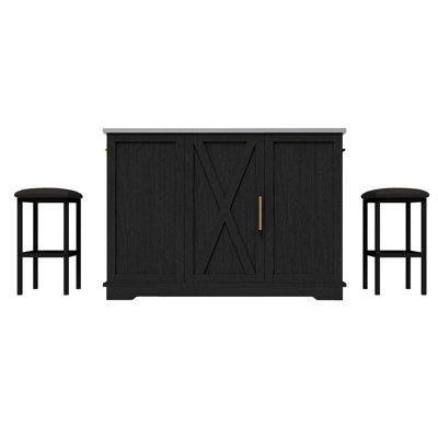 Rolling Kitchen Island Set With Trash Can, Stainless Steel Countertop, Drop Leaf, 2 Bar Stools