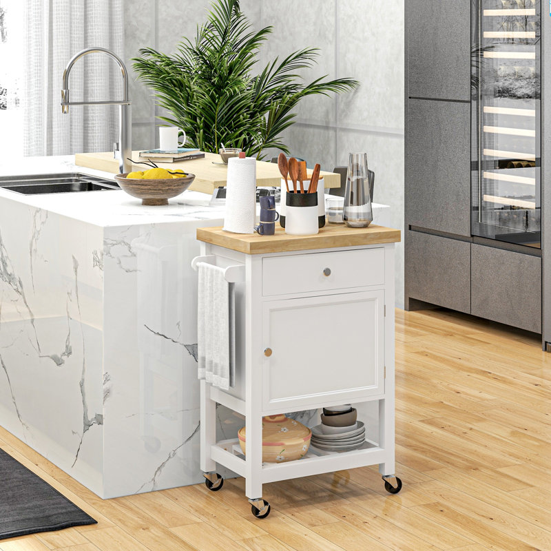 Chariot de cuisine utilitaire, îlot de cuisine roulant avec plateau en bois d'hévéa lisse, surface de bloc de boucher étroite sur roulettes