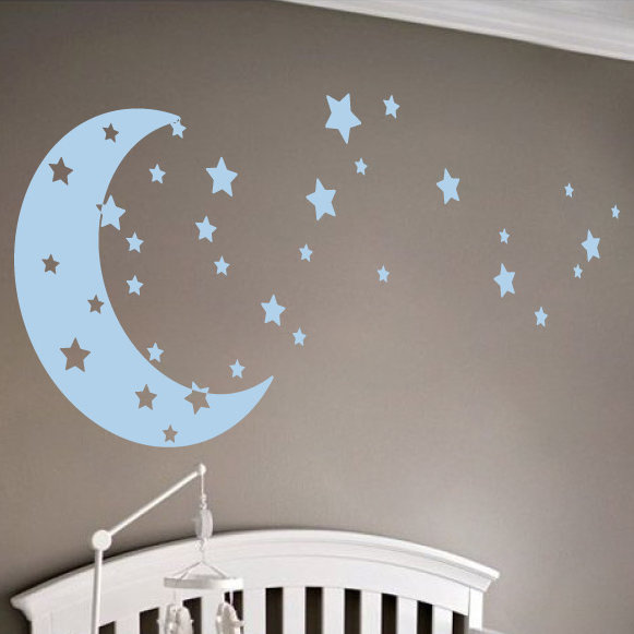 Adhésif décoratif lune et étoiles, H 22 po x l 49 po x P 0,01 po, Bleu poudré