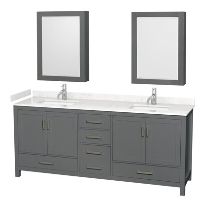 Meuble-lavabo double autoportant avec plateau en marbre de culture et armoires à pharmacie 80 po Sheffield