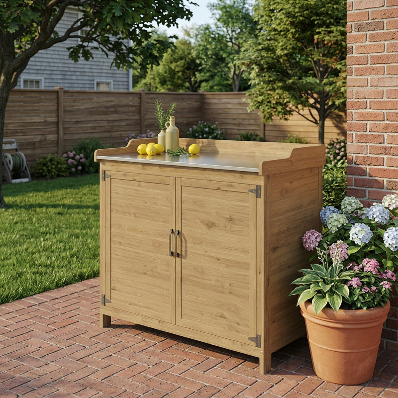 Charvette Fir Potting Bench with Storage Cabinet and Metal Covered Tabletop, Natural Wood