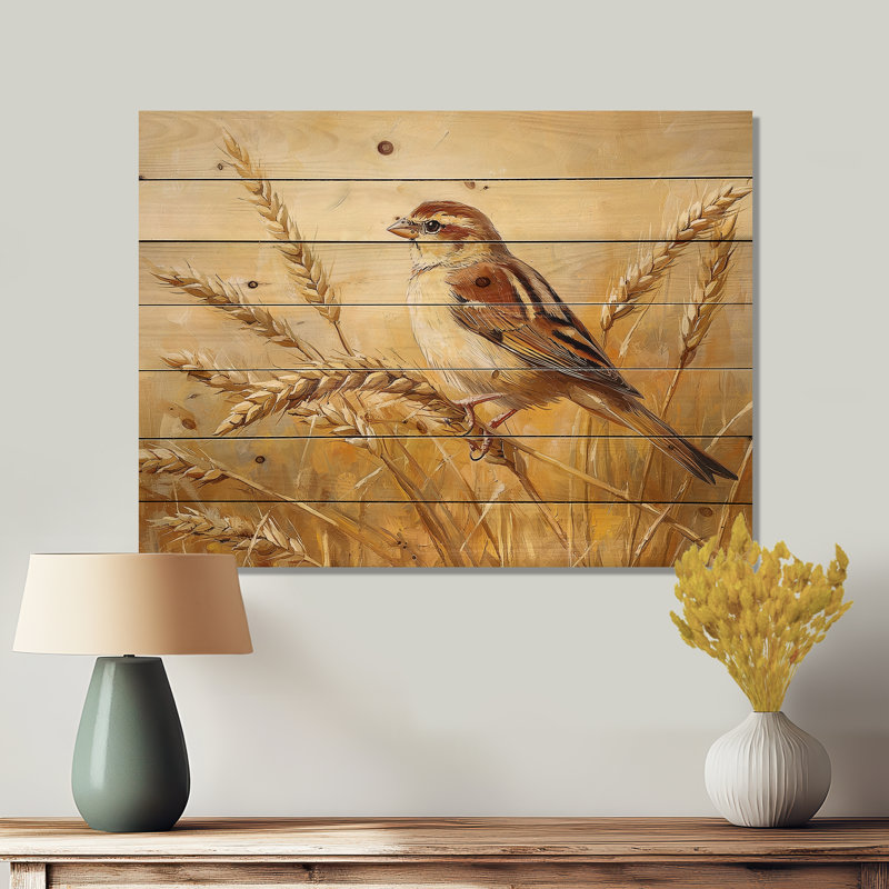 Oiseau moineau dans le champ de blé III - décoration murale en bois d'oiseau - sur bois de pin naturel