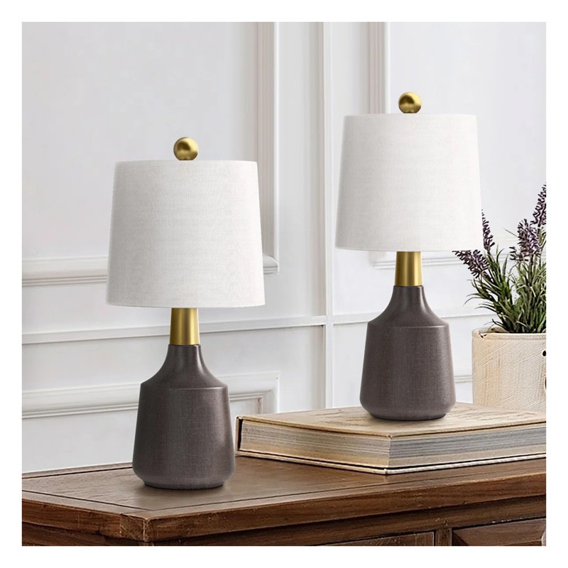Ensemble de 2 petites lampes de table modernes en céramique 19,75 po, base en fer gris avec abat-jour en lin blanc pour la table de chevet ou le bureau du salon (ampoules non incluses)
