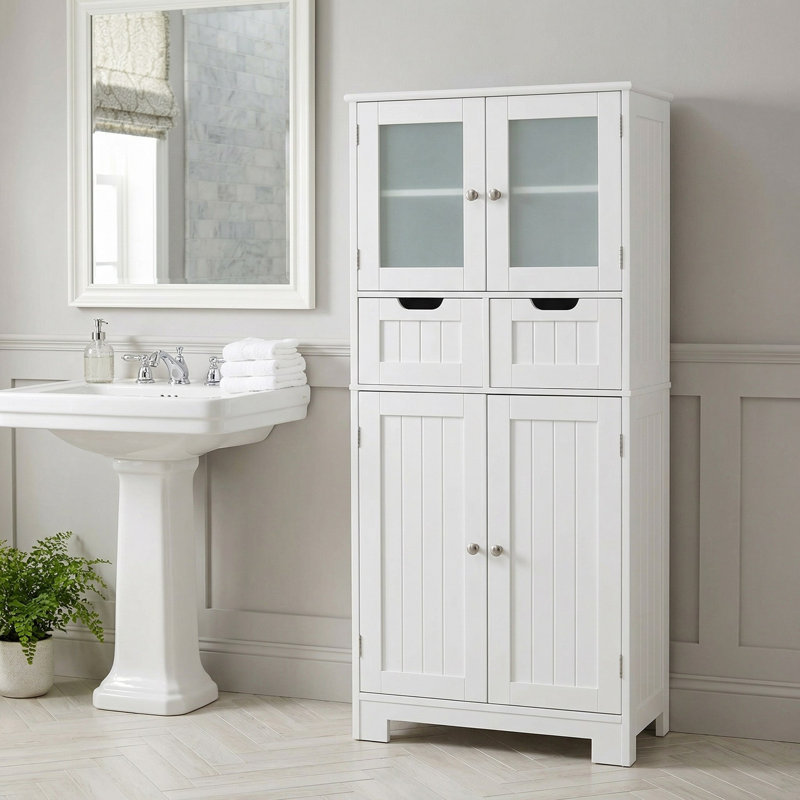 Armoire de rangement de salle de bain autoportante robuste à grande capacité à 4 portes résistante à l'eau avec 2 tiroirs coulissants et portes vitrées transparentes pour la salle de bain