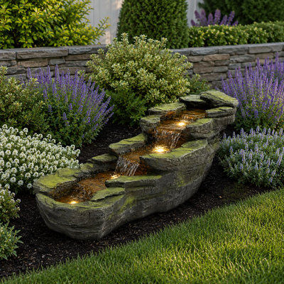 41.3" Long Rock Waterfall Garden Fountain with Warm LED Lights, Resin Outdoor Water Fountain