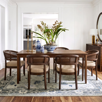 Stanley 26" Arm Height Modern Neoclassical Cane Rattan Dining Chair with Curved Back and Solid Rubberwood Frame