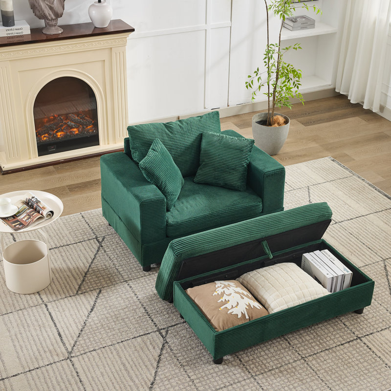 Corduroy Upholstered Sofa Lounge Chair with Removable Storage Ottoman and Pillows, Green, Storage Ottoman