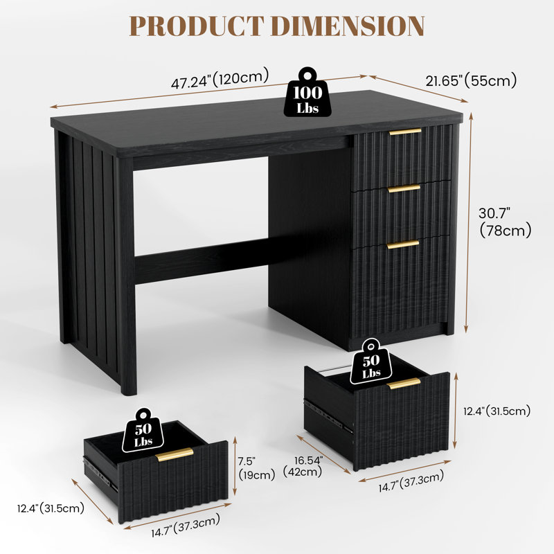 47'' Computer Desk With File Drawers And Storage Drawers, Black