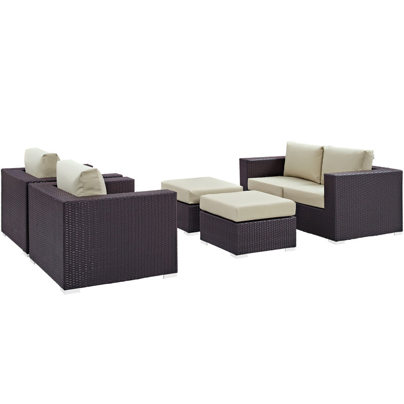 Ensemble de conversation avec canapé en rotin et coussins 5 pièces Convene, Beige