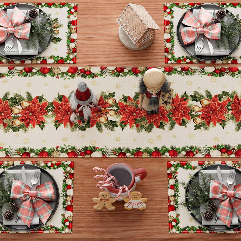 Christmas Poinsettias Leaves Bells Snowflakes Winter Xmas Table Runner Table Decoration For Home Kitchen Dining Holiday Decor